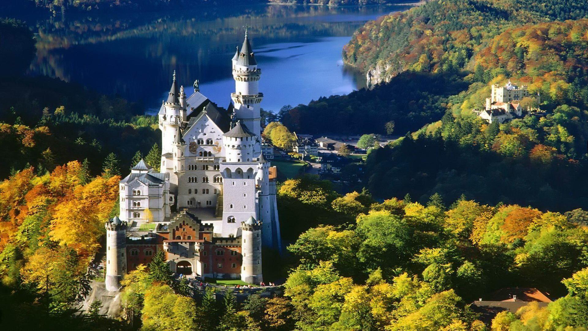 Neuschwanstein castle Bavaria Germany from hill free desktop