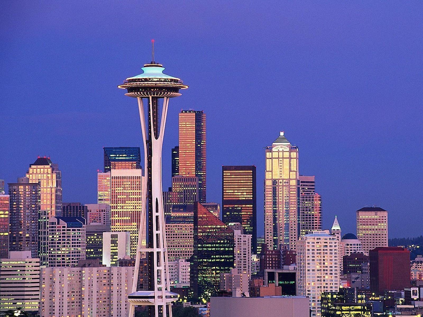 Seattle Washington Space Needle Sky Clouds Mountains Cities Wallpaper