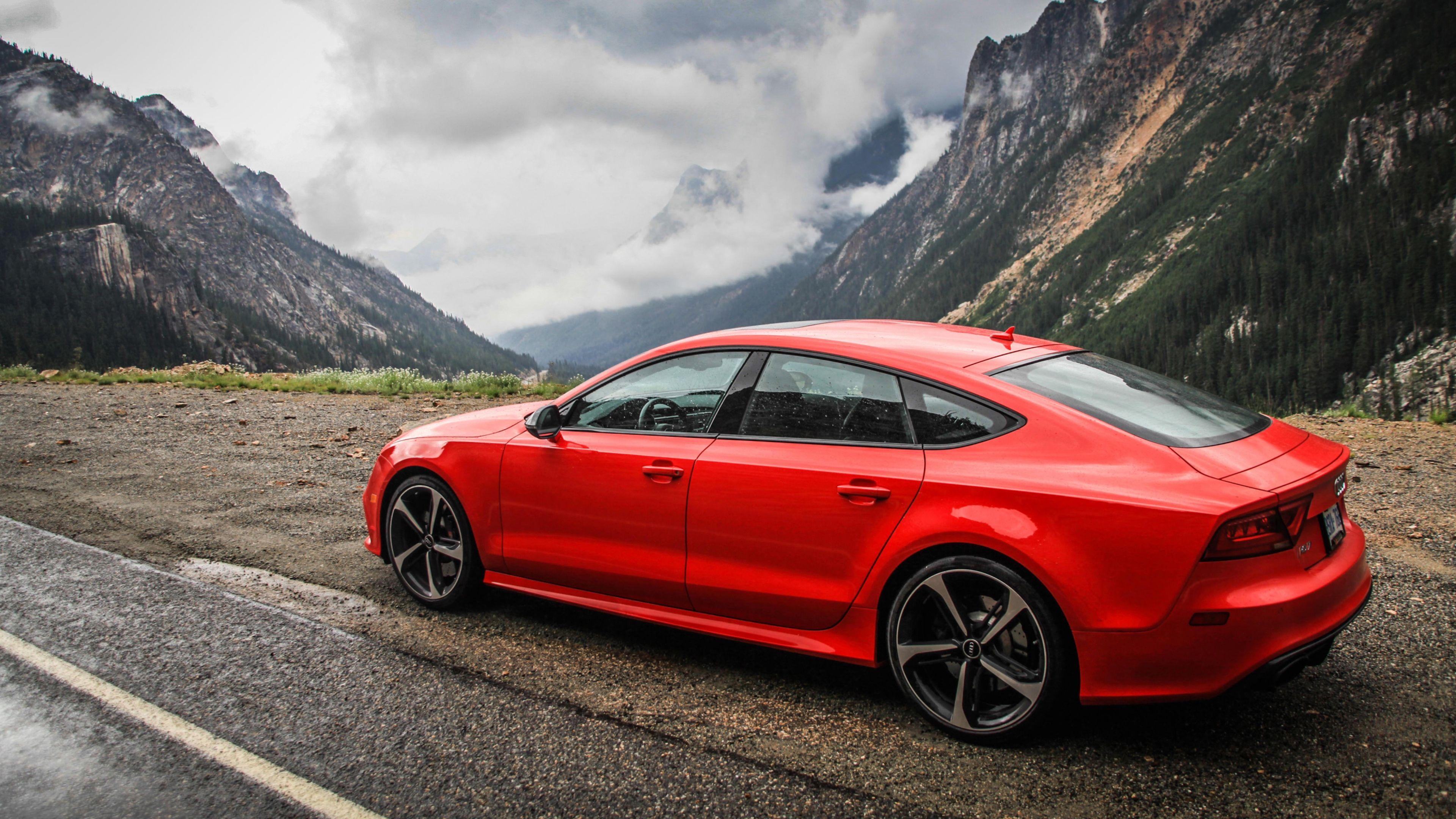Download Wallpaper 3840x2160 Audi, Rs Red, Side view, Mountain