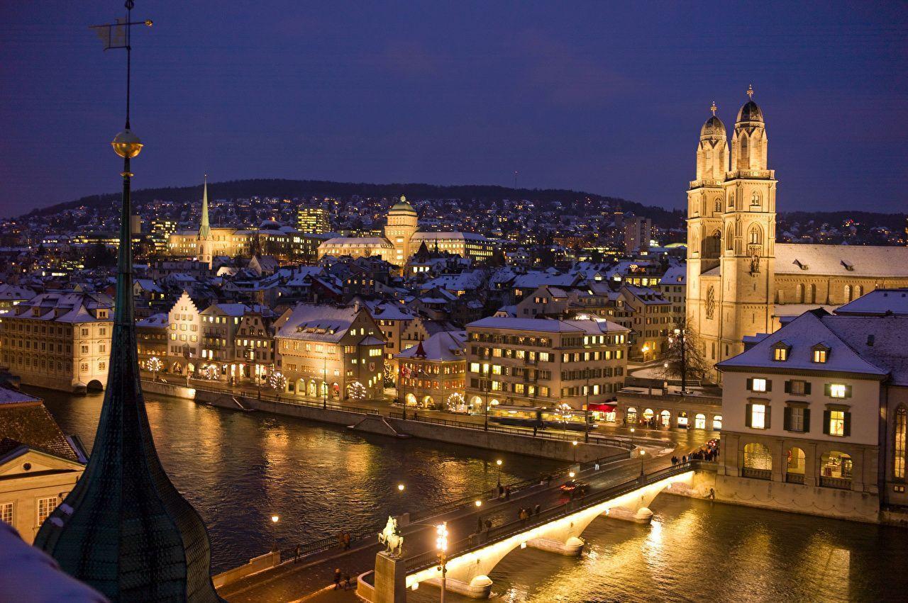 Wallpaper Zurich Switzerland Bridges Night Rivers Street lights