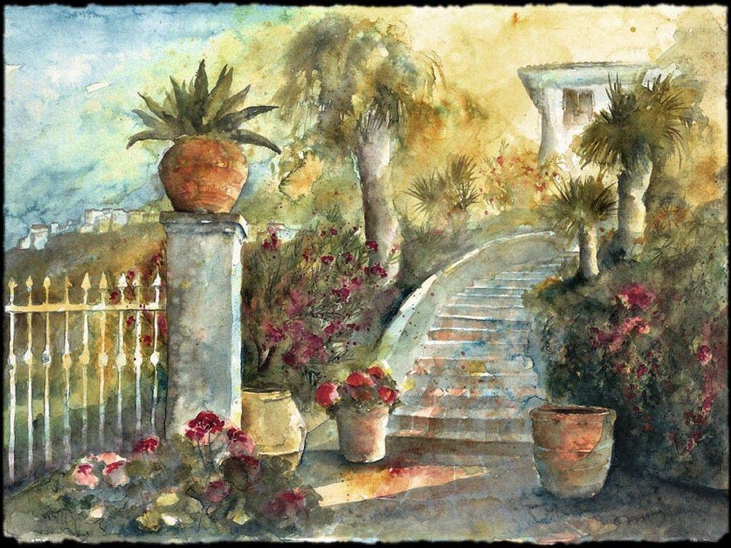 Other: Sudan Garden Flowers Cityscape Scenery Painting Art Stairs