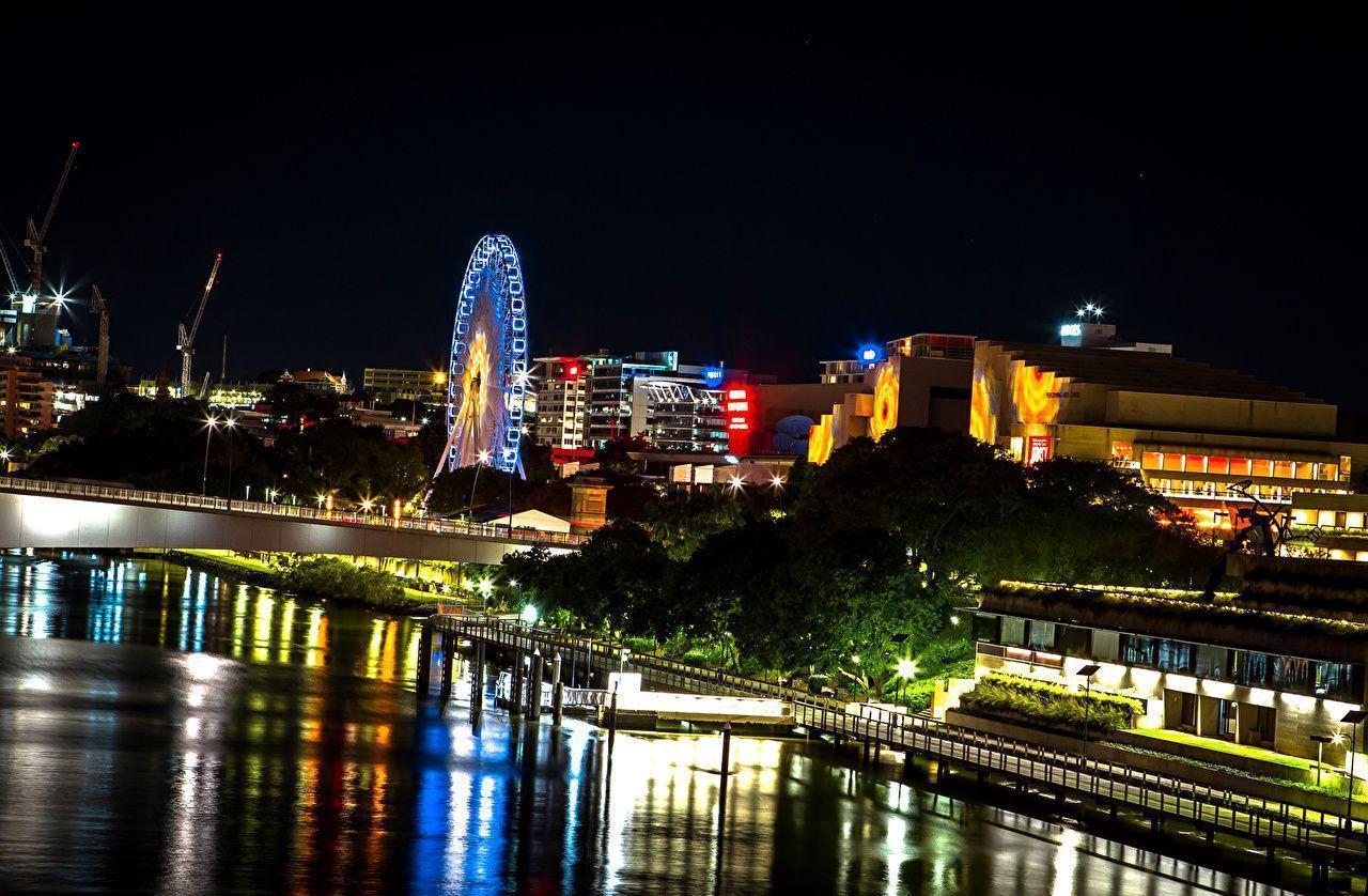 Wallpaper Brisbane Australia Bridges Ferris wheel Rivers night time