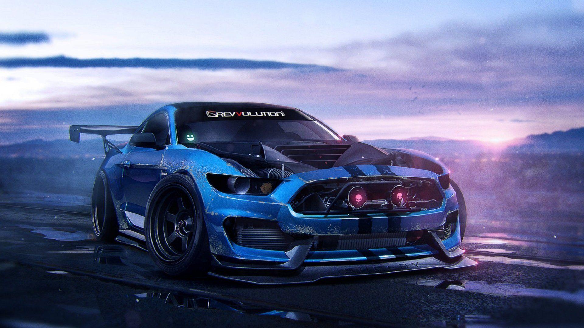 ford mustant shelby gt350 2015 blue muscle car art