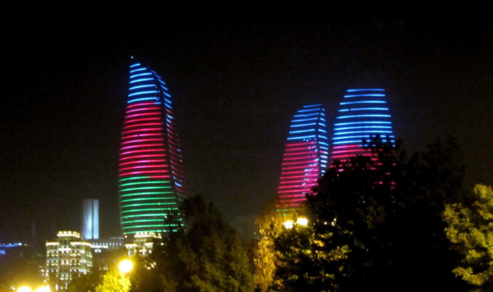 Flame Towers skyscraper. The 'flames' of Baku lights up