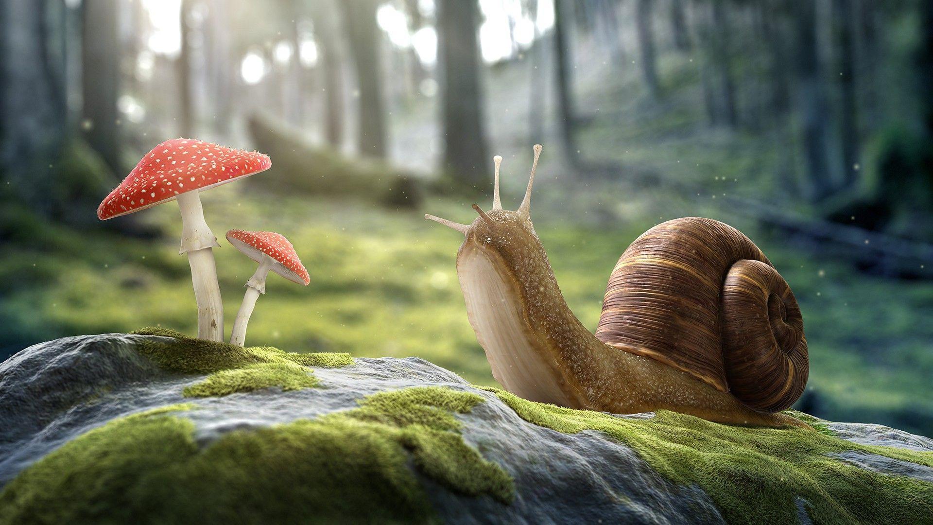 Snail on a stone and fly agaric wallpaper and image