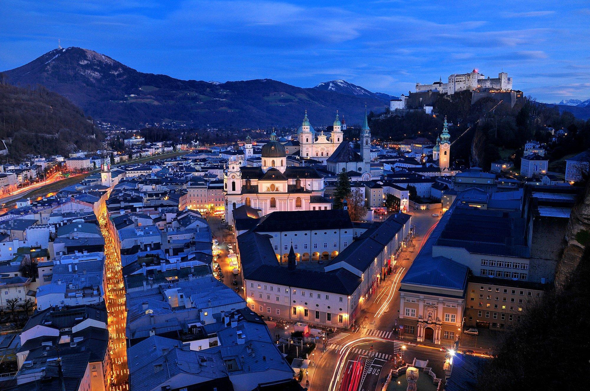 wallpaper salzburg, austria, night, top view, streets, buildings HD