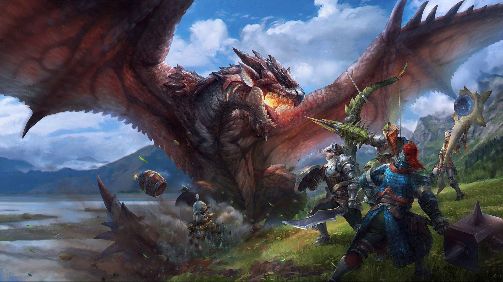 Group of hunters facing off against a dragon. Wallpaper from Monster