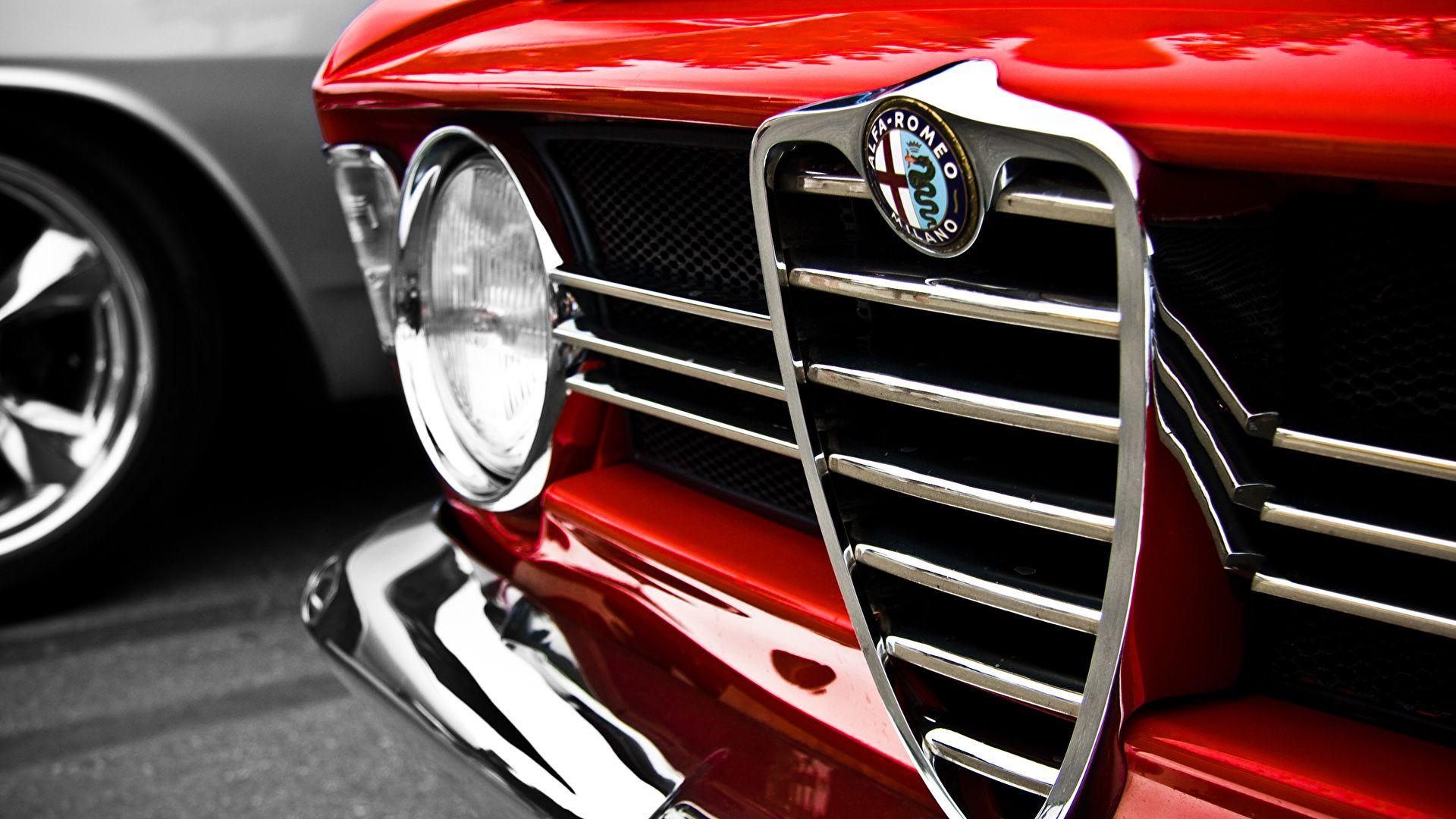 Photo Alfa Romeo Logo Emblem Red Cars Headlights Closeup 1920x1080