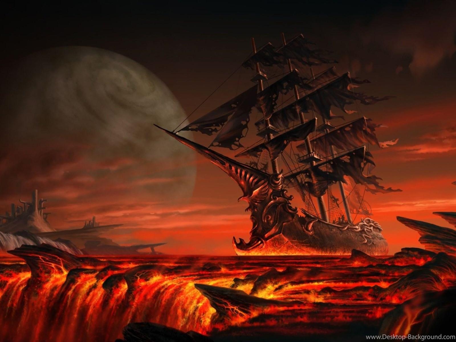 Ghost Ship Floating On Lava Wallpaper Fantasy Wallpaper Desktop
