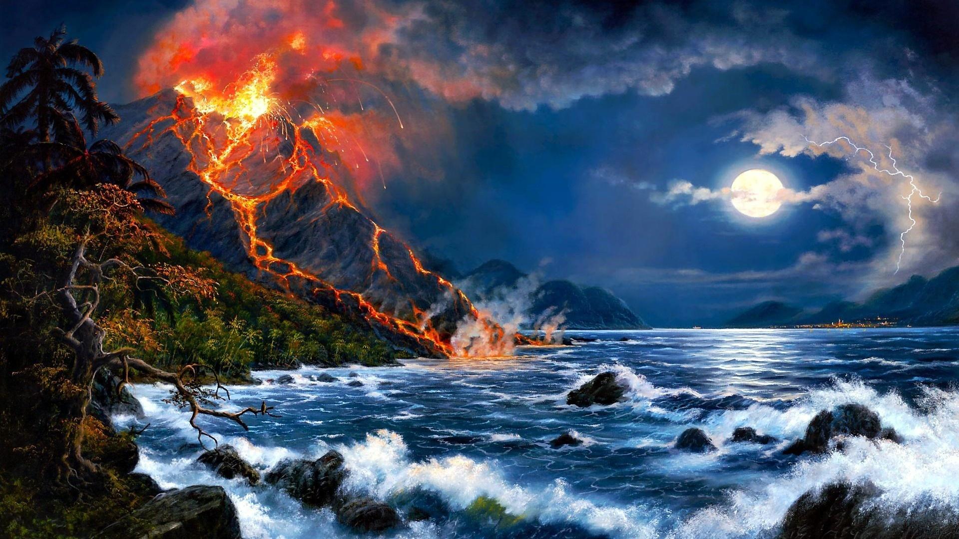 Erupting Volcano Oil Painting Art Picture Image Wallpaper HD Free