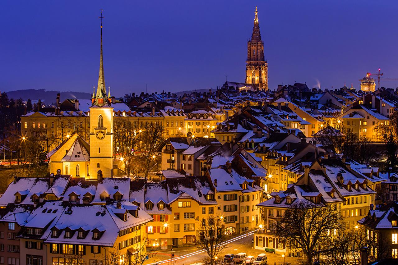 image Bern Switzerland Winter Night Street lights Cities Houses