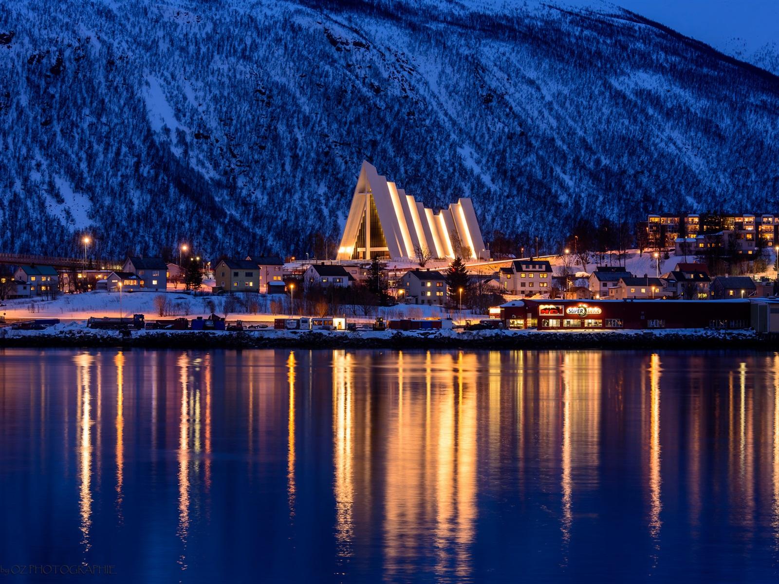 Wallpaper Tromso, Norway, winter, city, sea, mountain, night, lights