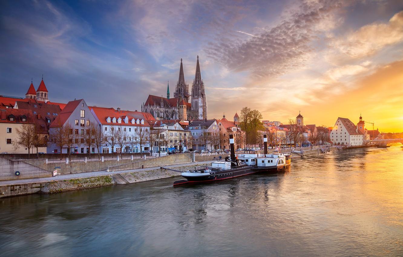 Wallpaper the sky, sunset, river, building, home, Germany, Bayern