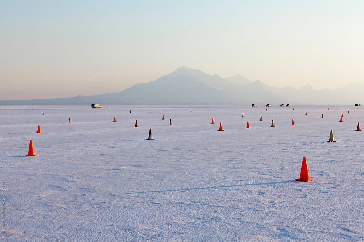Traffic Cones Marking Racecourse On Bonneville Salt Flats At Dawn