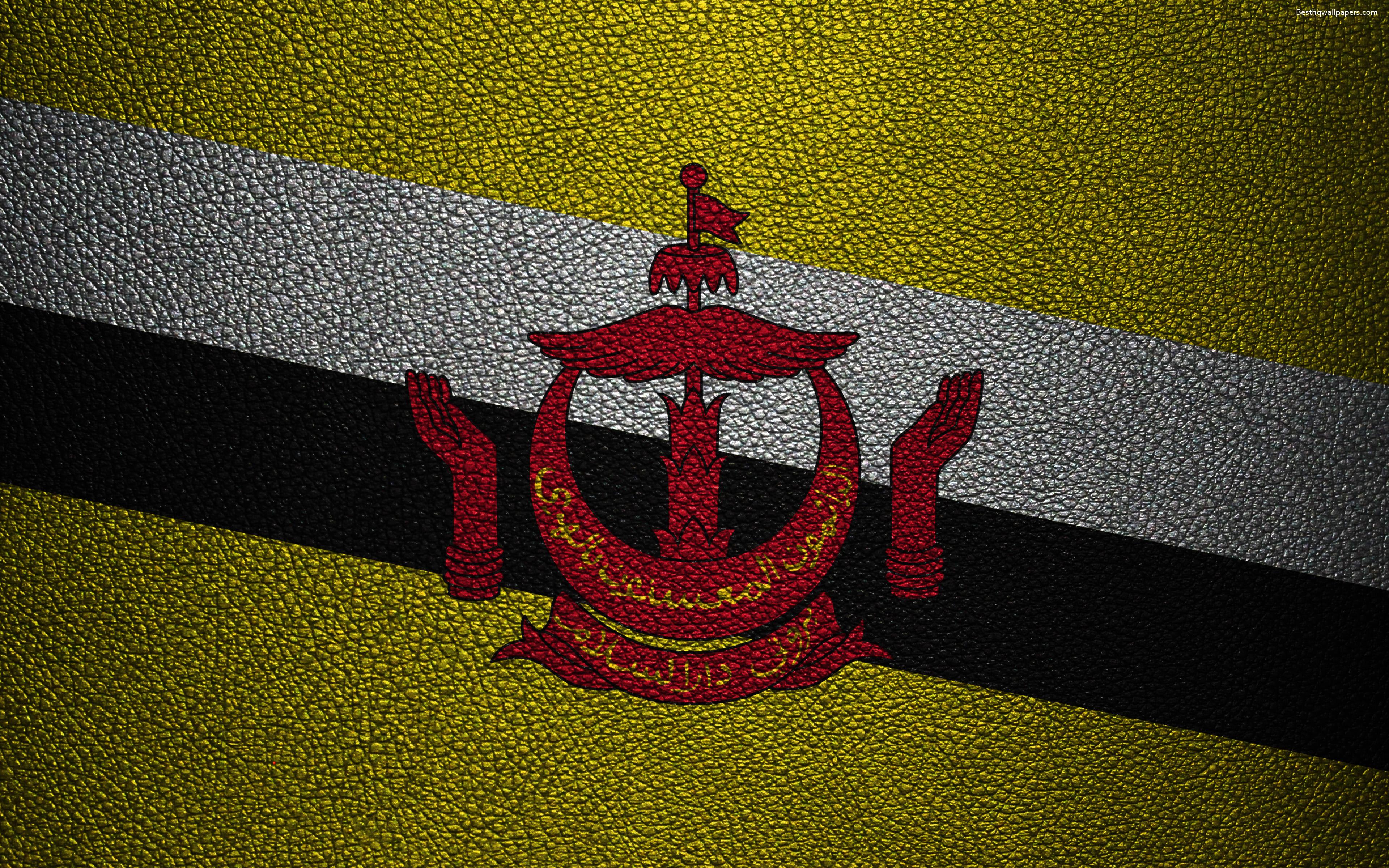 Download wallpaper Flag of Brunei, 4k, leather texture, Brunei flag