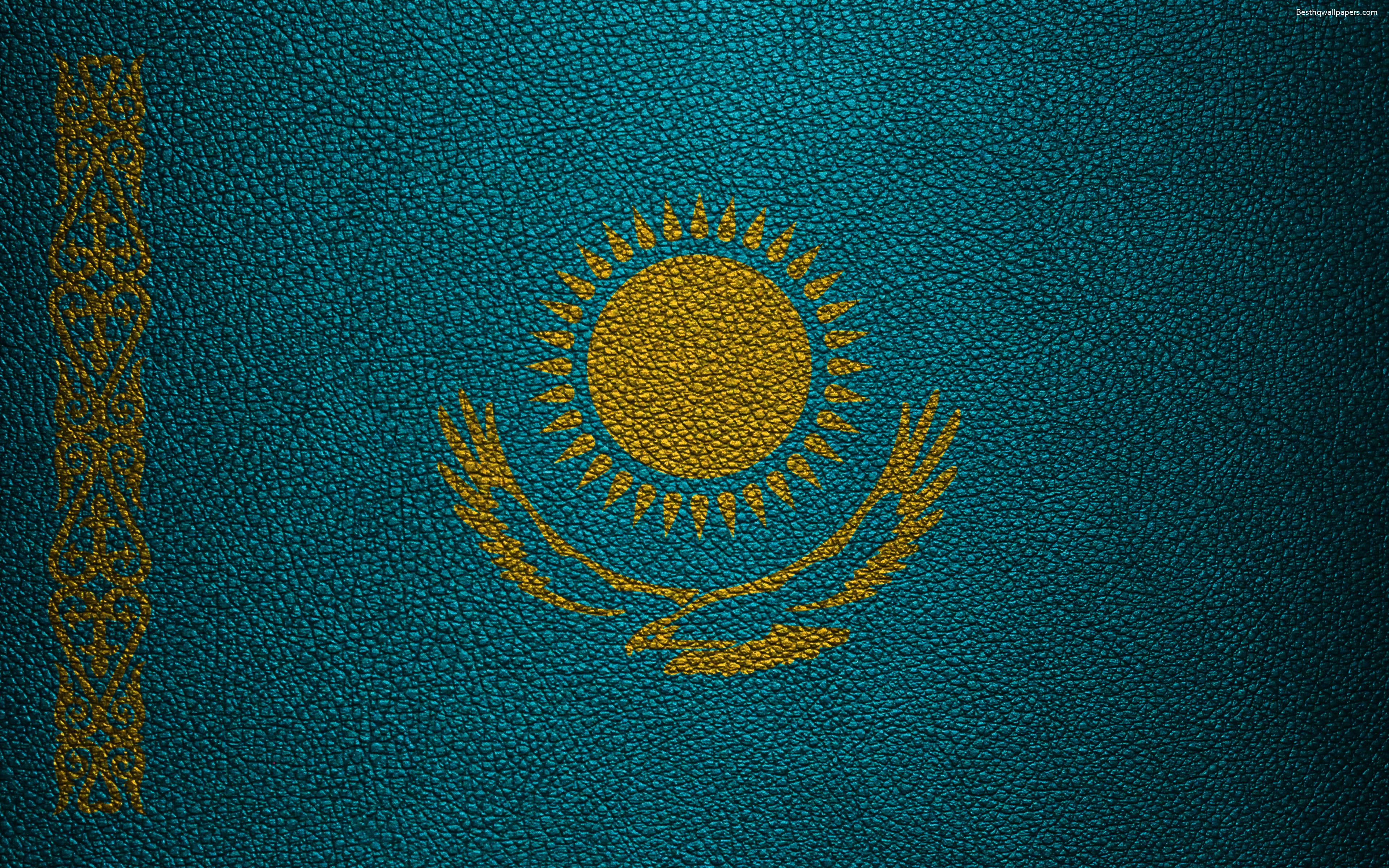Download wallpaper Flag of Kazakhstan, 4k, leather texture