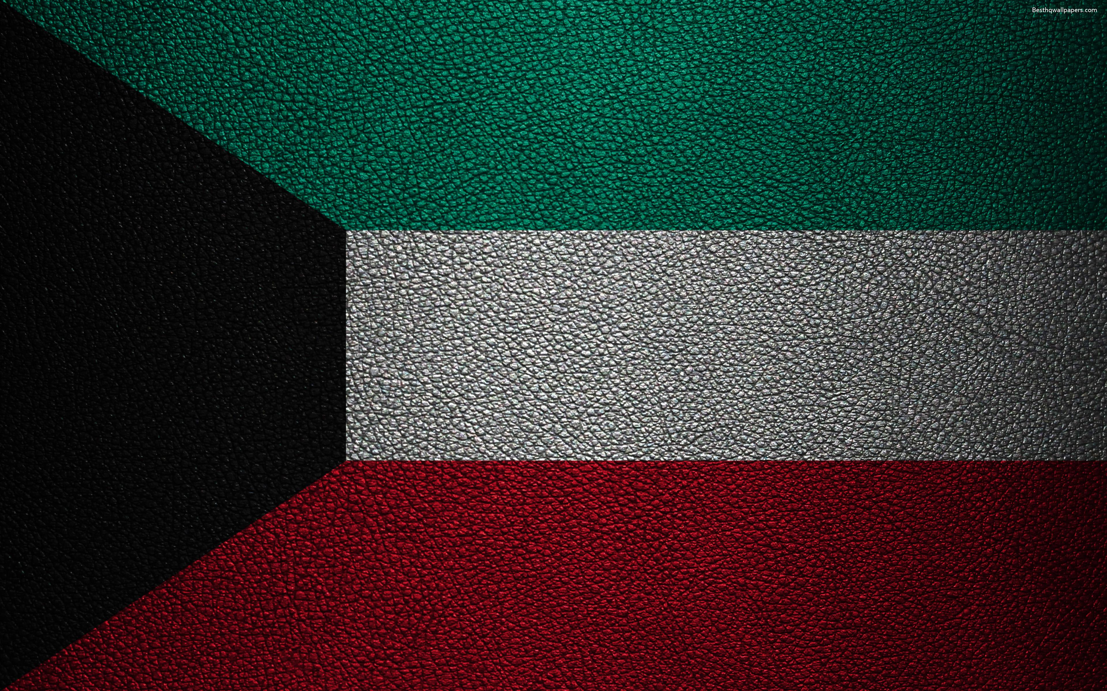Download wallpaper Flag of Kuwait, 4K, leather texture, Kuwait flag