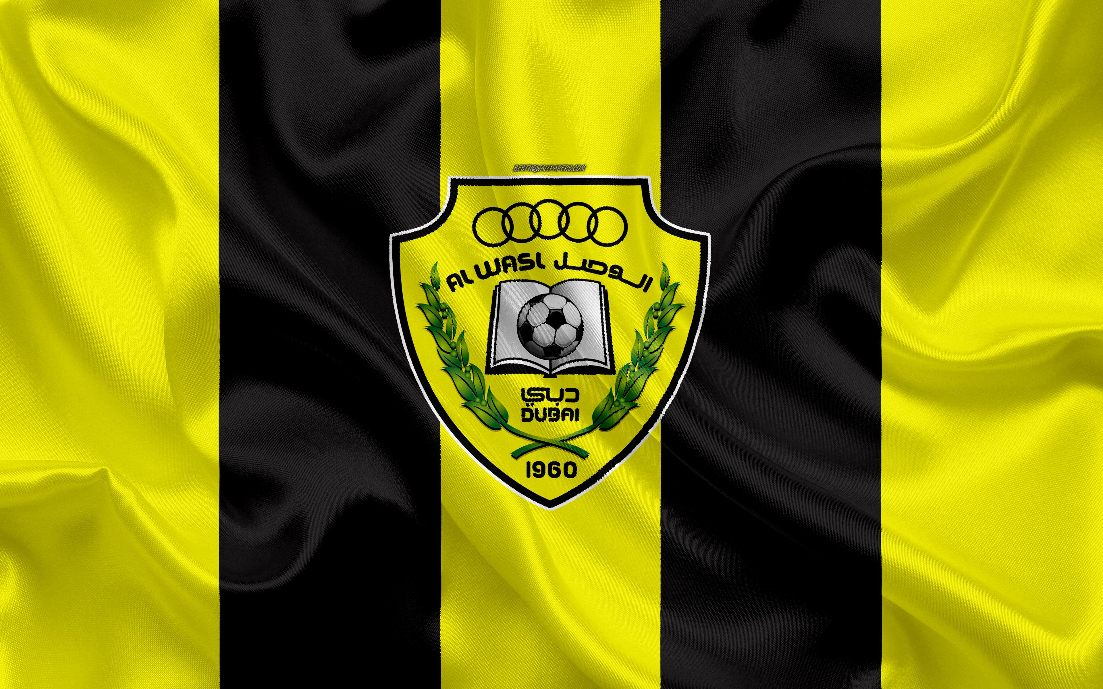Download wallpaper Al Wasl FC, 4k, logo, yellow black silk flag