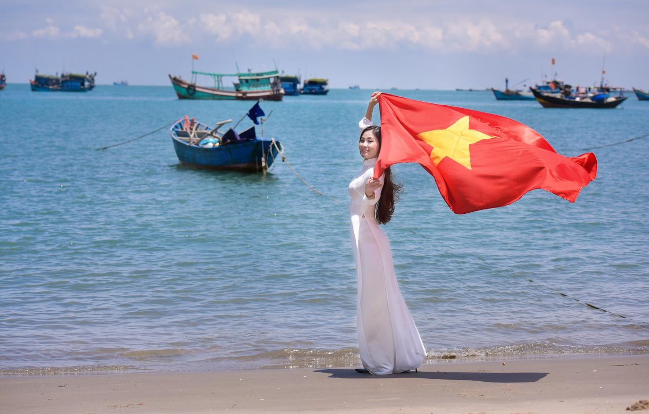 Wallpaper sea, summer, girl, face, boats, dress, flag, Vietnam