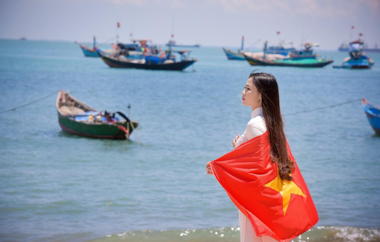 Wallpaper sea, summer, girl, face, dress, flag, Vietnam image