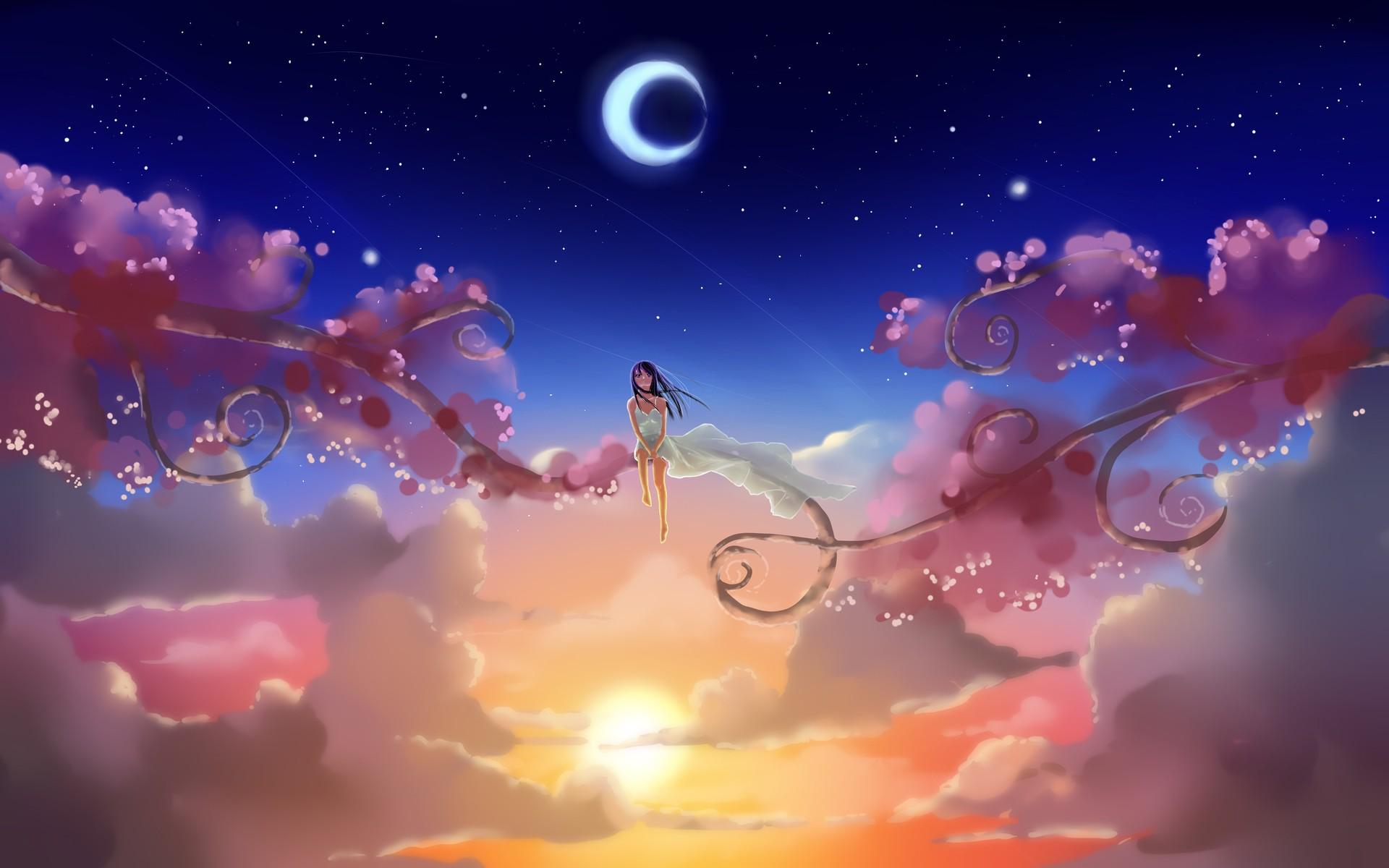 clouds, Sun, artwork, anime, skyscapes, crescent moon wallpaper