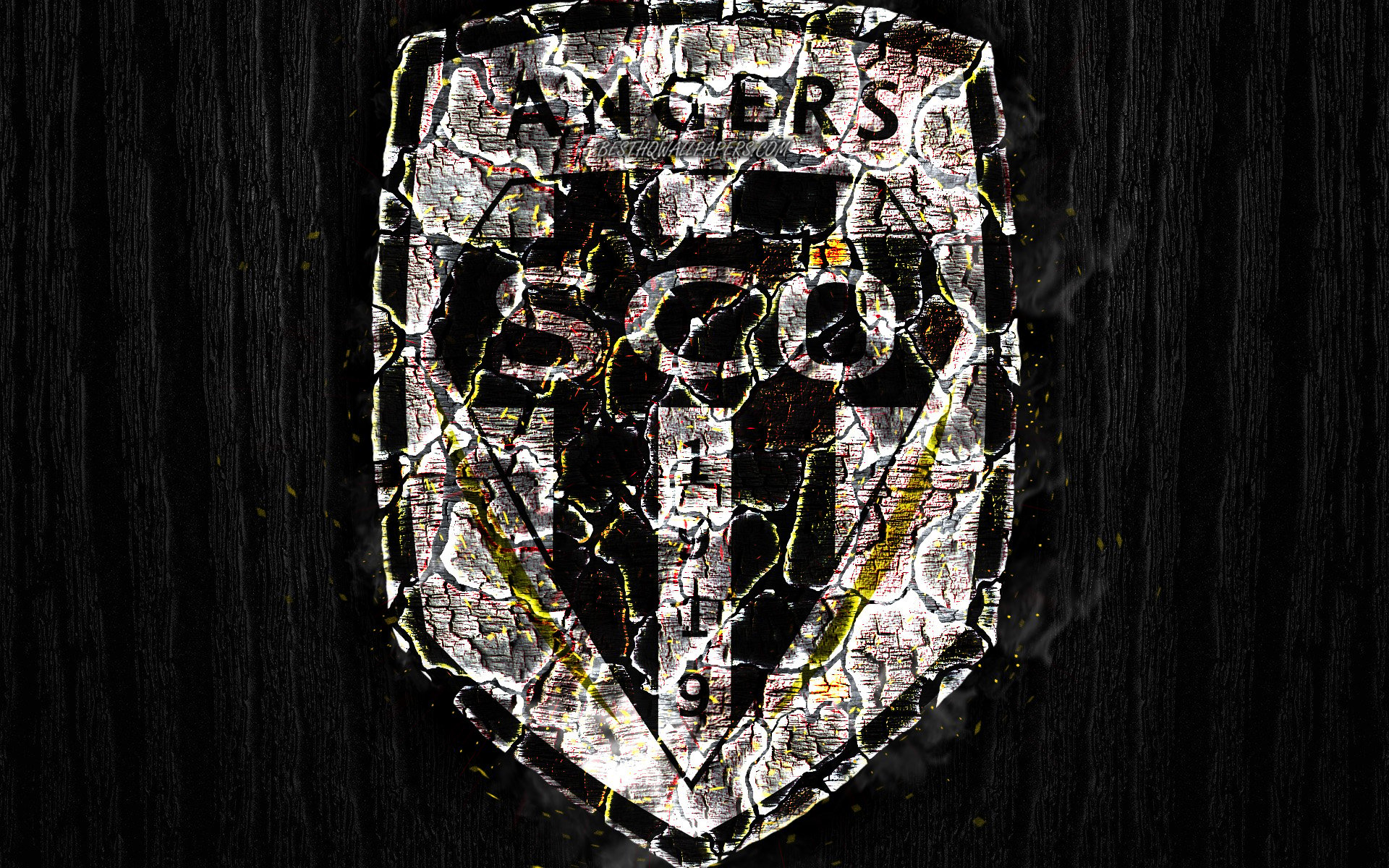 Download wallpaper Angers SCO, scorched logo, Ligue black wooden