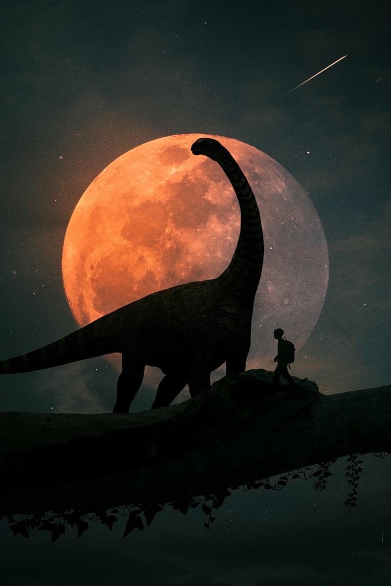 Download wallpaper 800x1200 silhouettes, dinosaur, planet, photohop