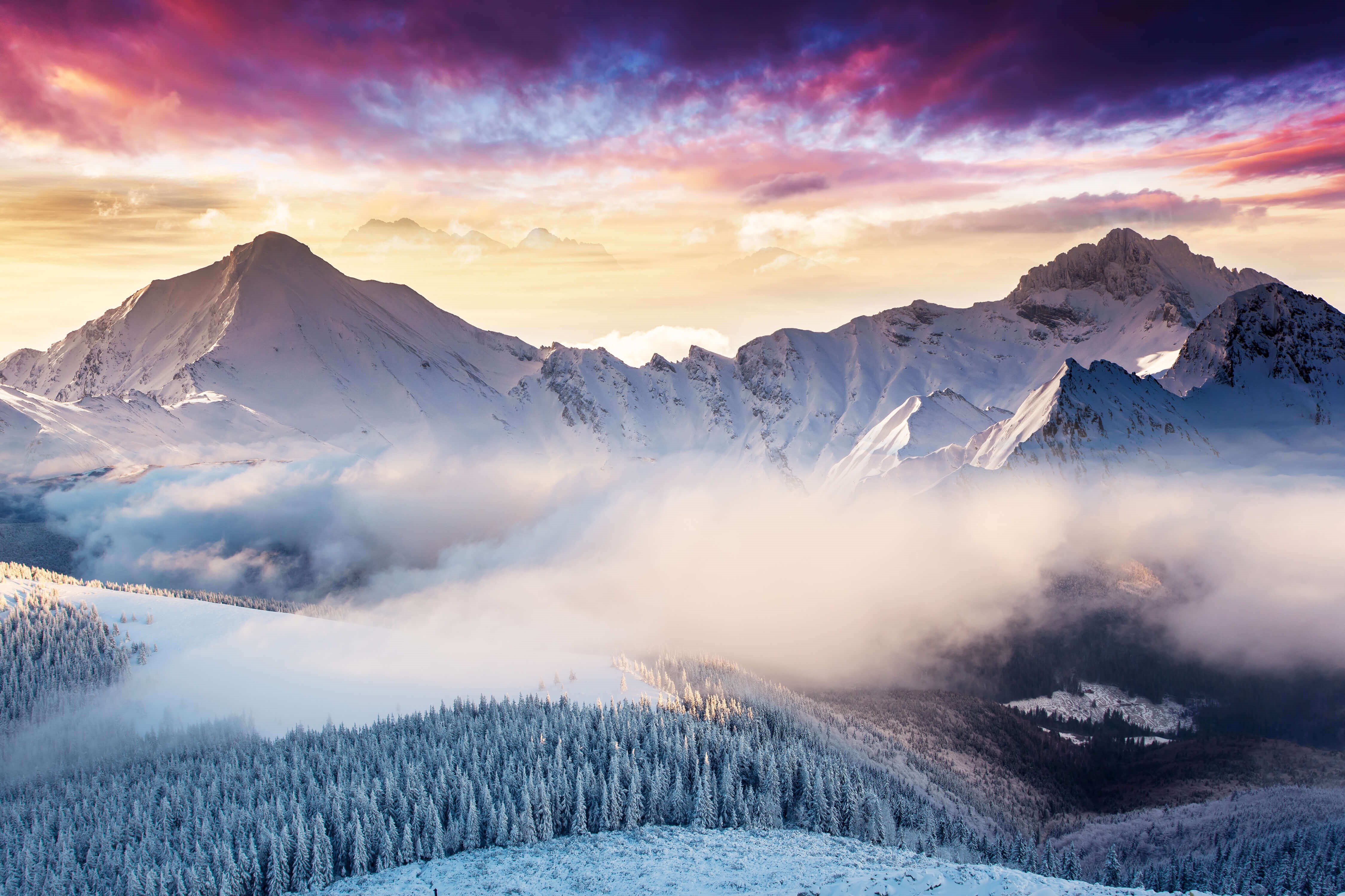 Wallpaper Landscape, Mountains, Winter, Forest, Clouds, Microsoft