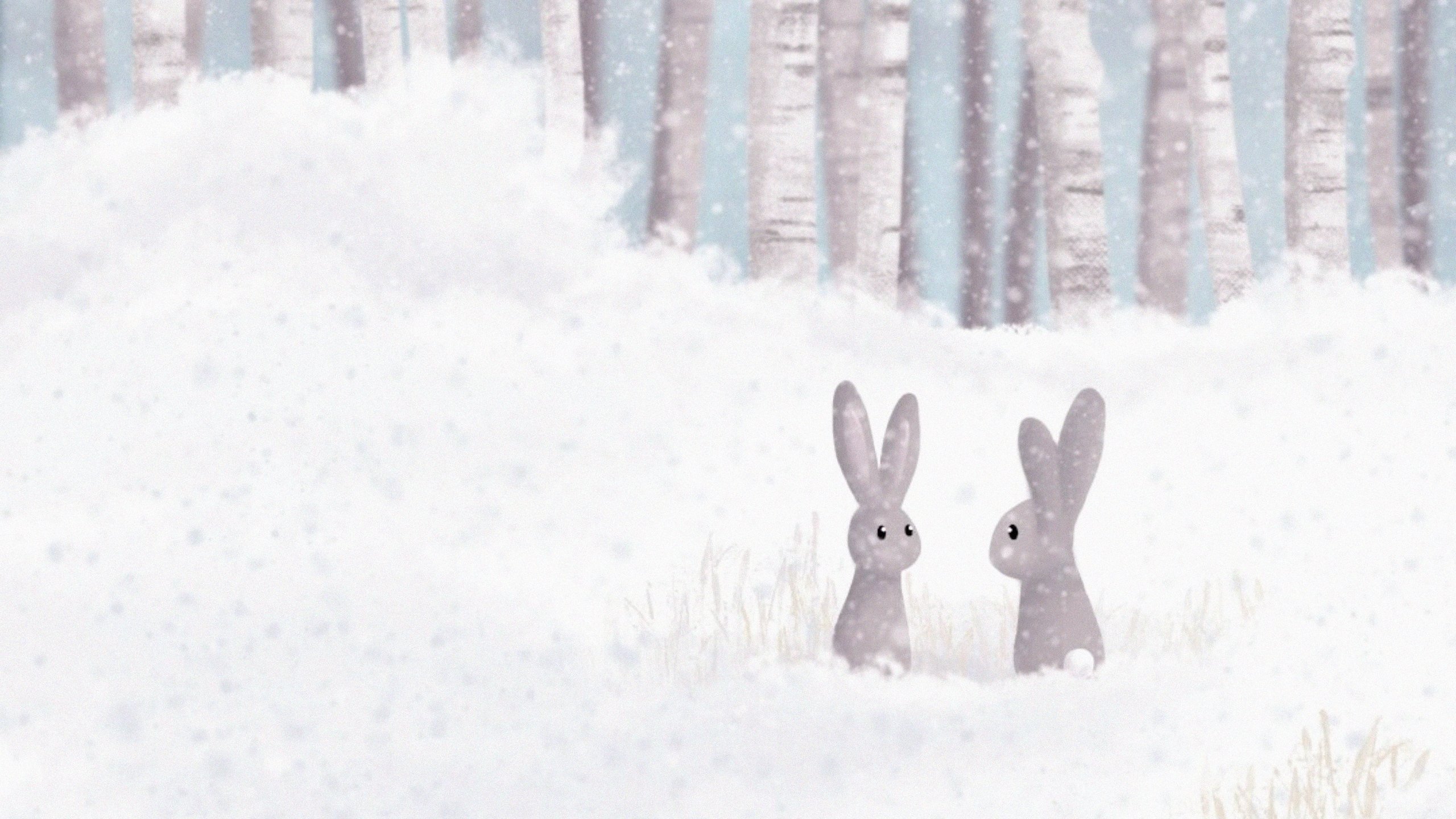 Download wallpaper 2560x1440 hares, forest, snow, winter
