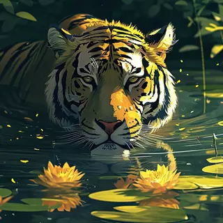 Tiger and Water Lilies