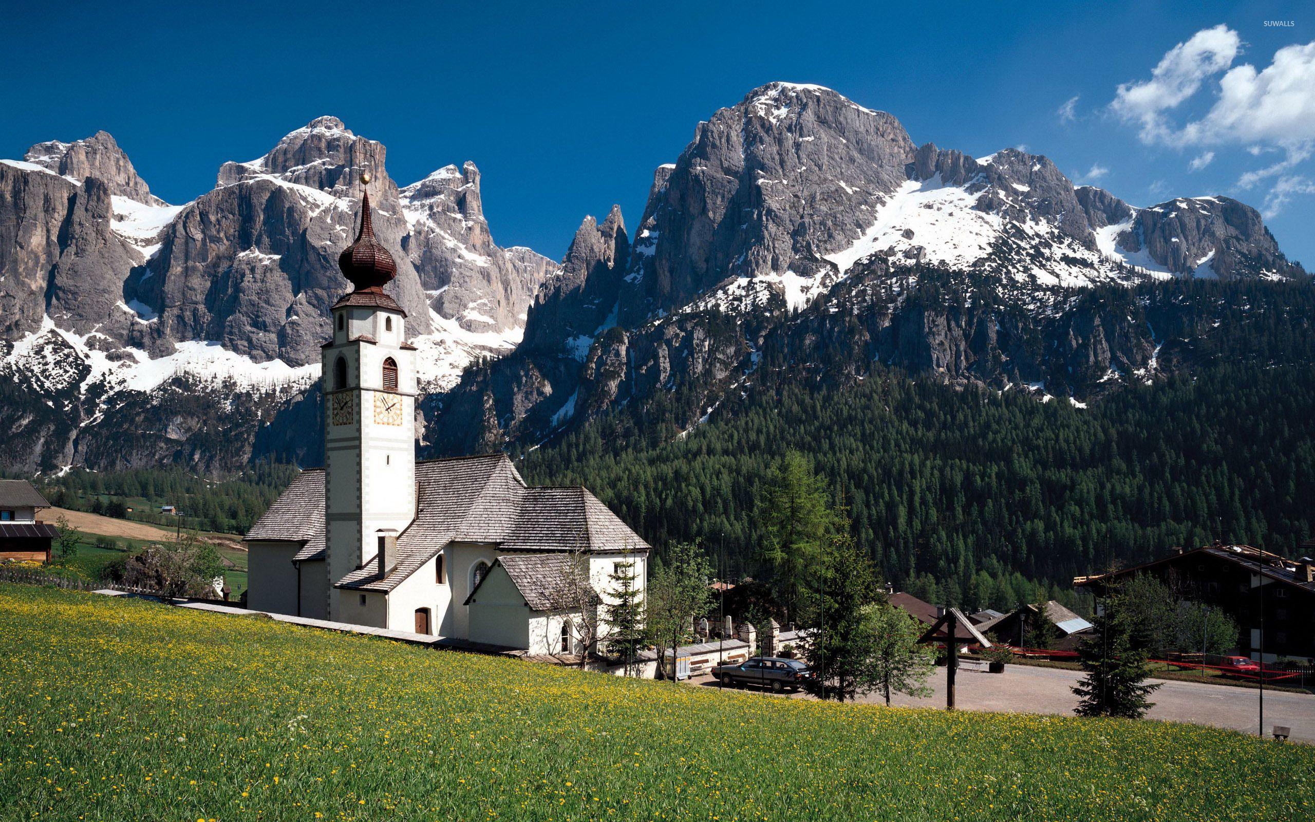 White church in the rocky mountains wallpaper wallpaper