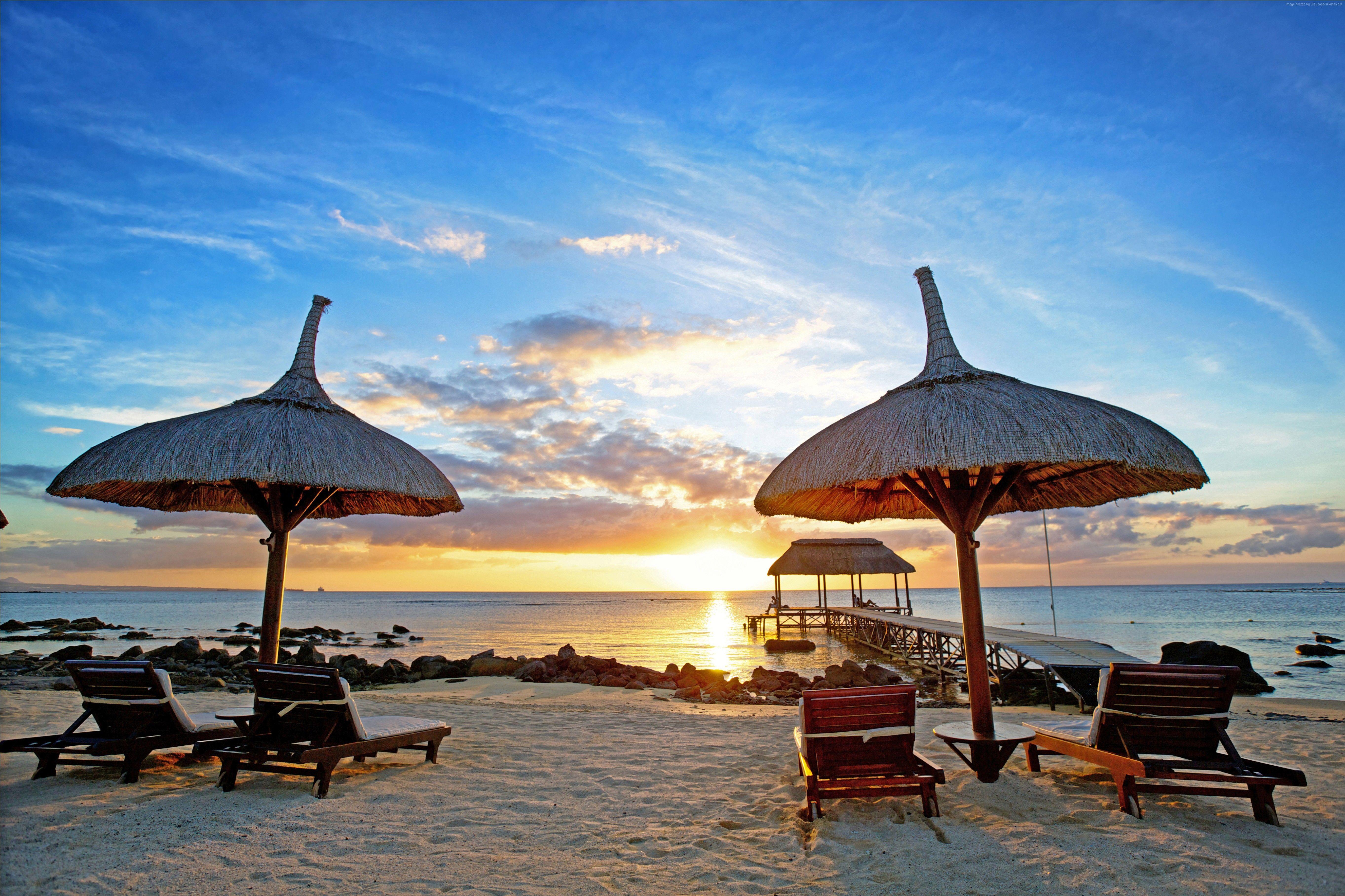 Wallpaper Mauritius, sunset, Indian ocean, beach, sand, travel