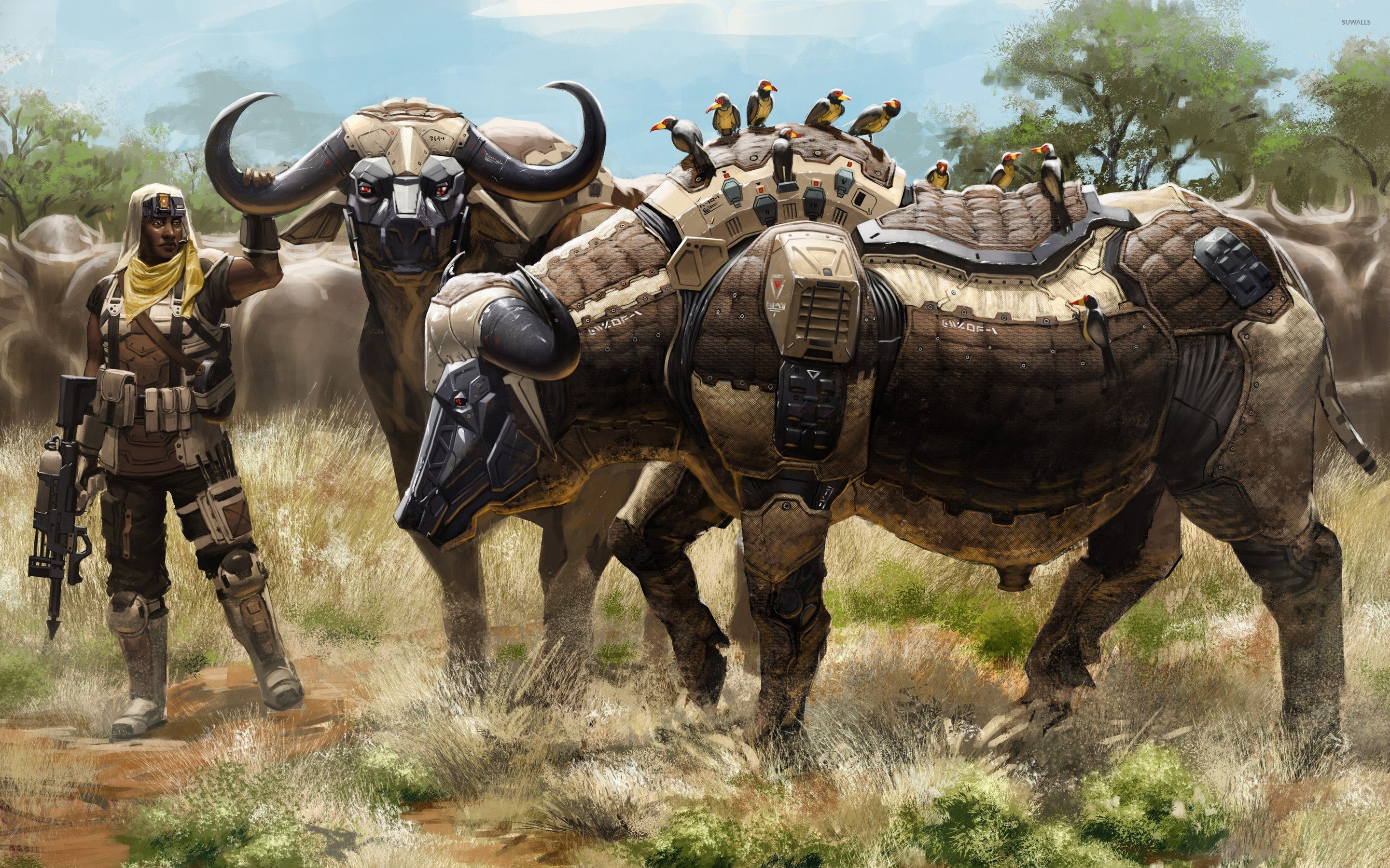 Soldier with robot buffalo herd wallpaper wallpaper