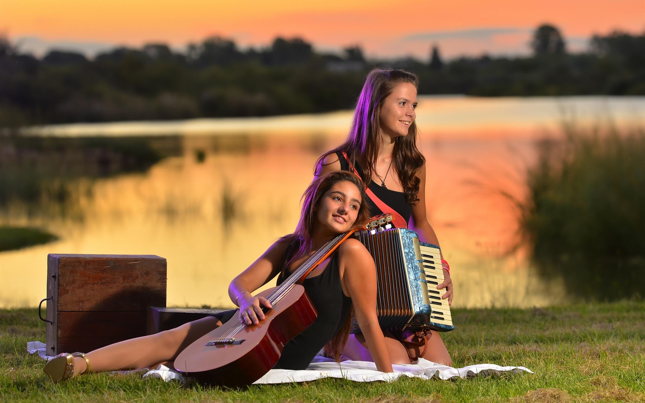 Wallpaper Two girls, guitar, accordion, music 2560x1600 HD Picture