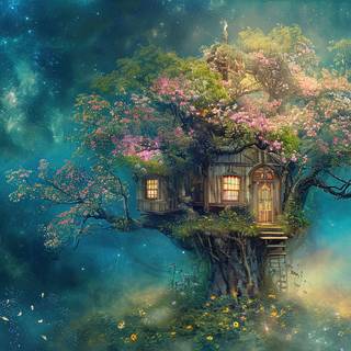 whimsical tree house and flowers