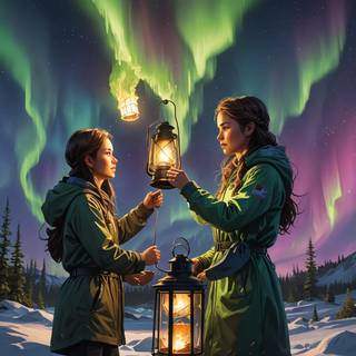 Lighting Lanterns during the cold whilst viewing the Aurora Borealis 