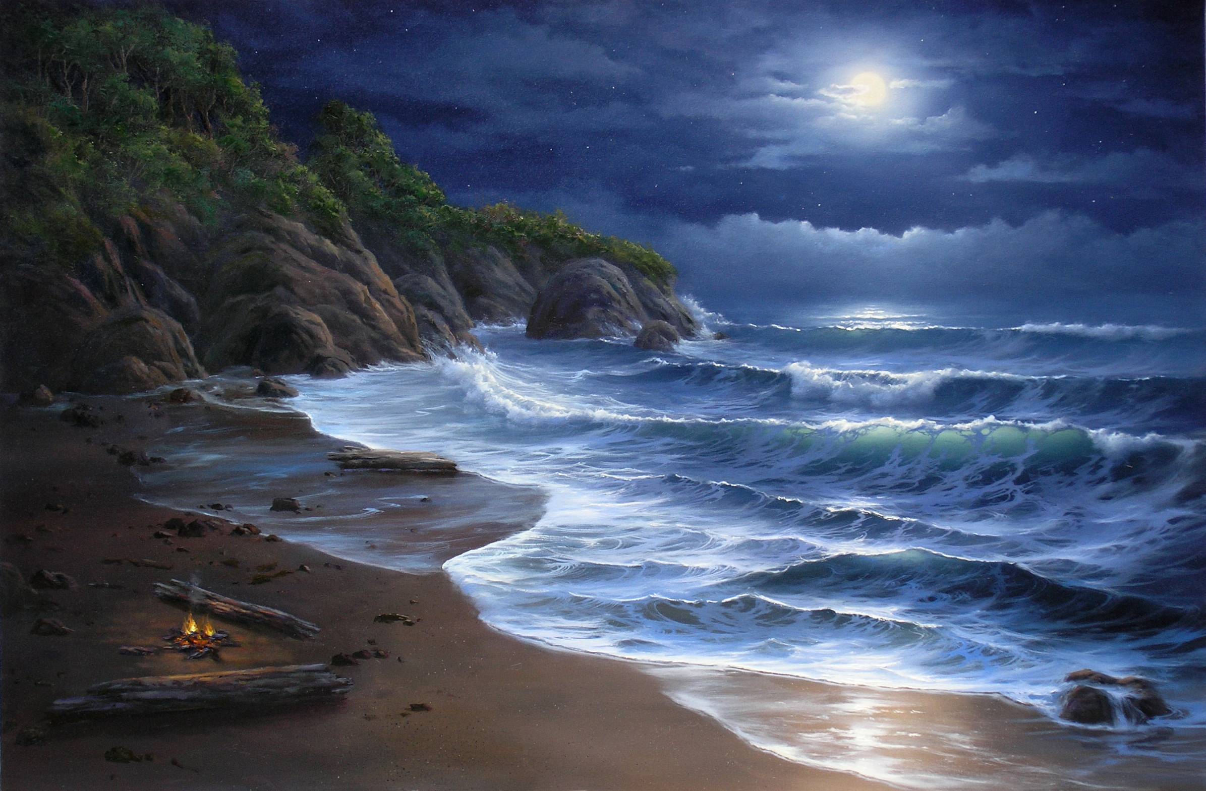 image For > Beach Night Waves