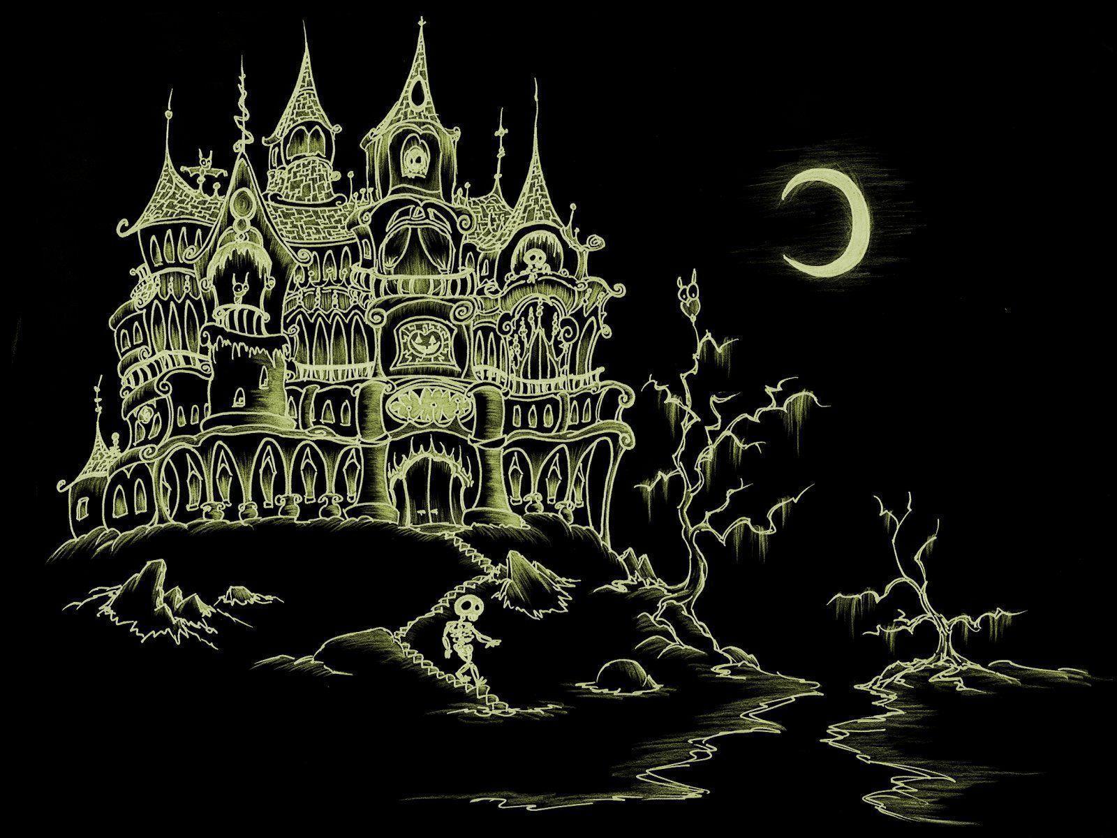 screen background: a haunted house with skeletons and bats