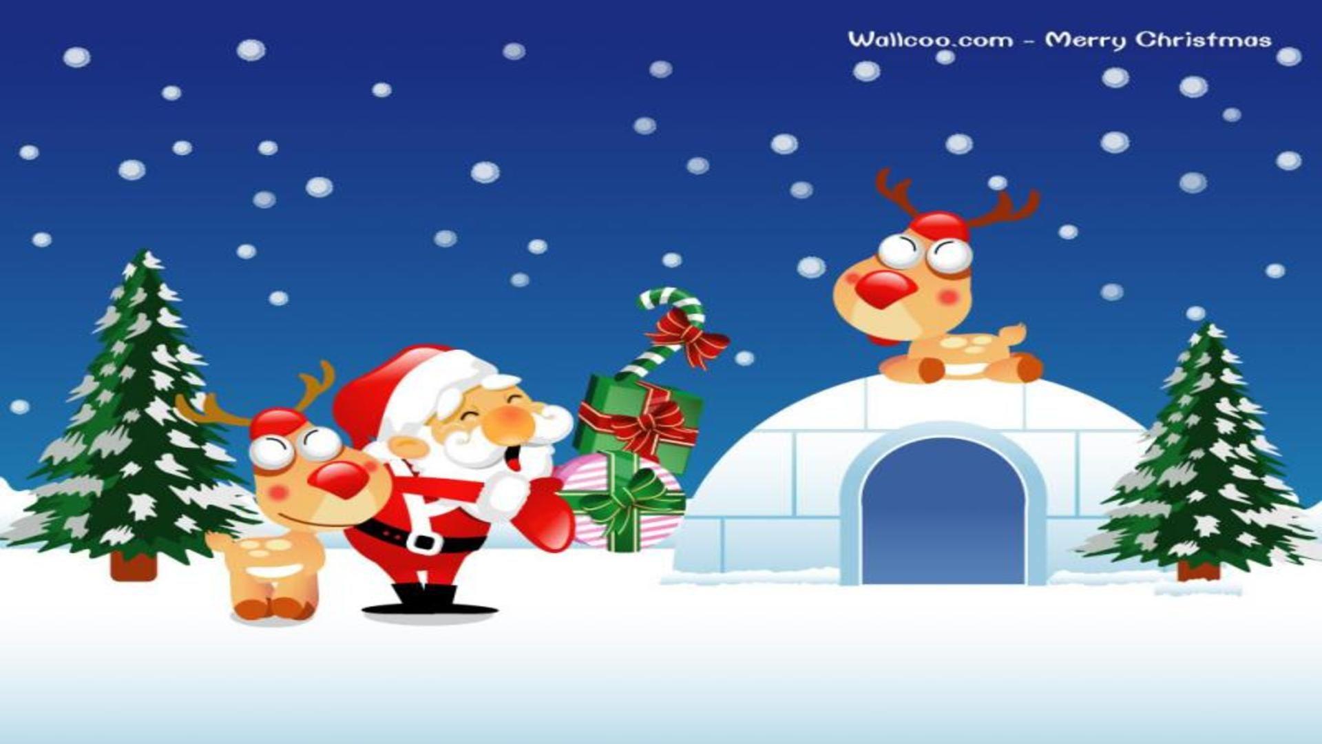 Santa Claus and deers size card free desktop background