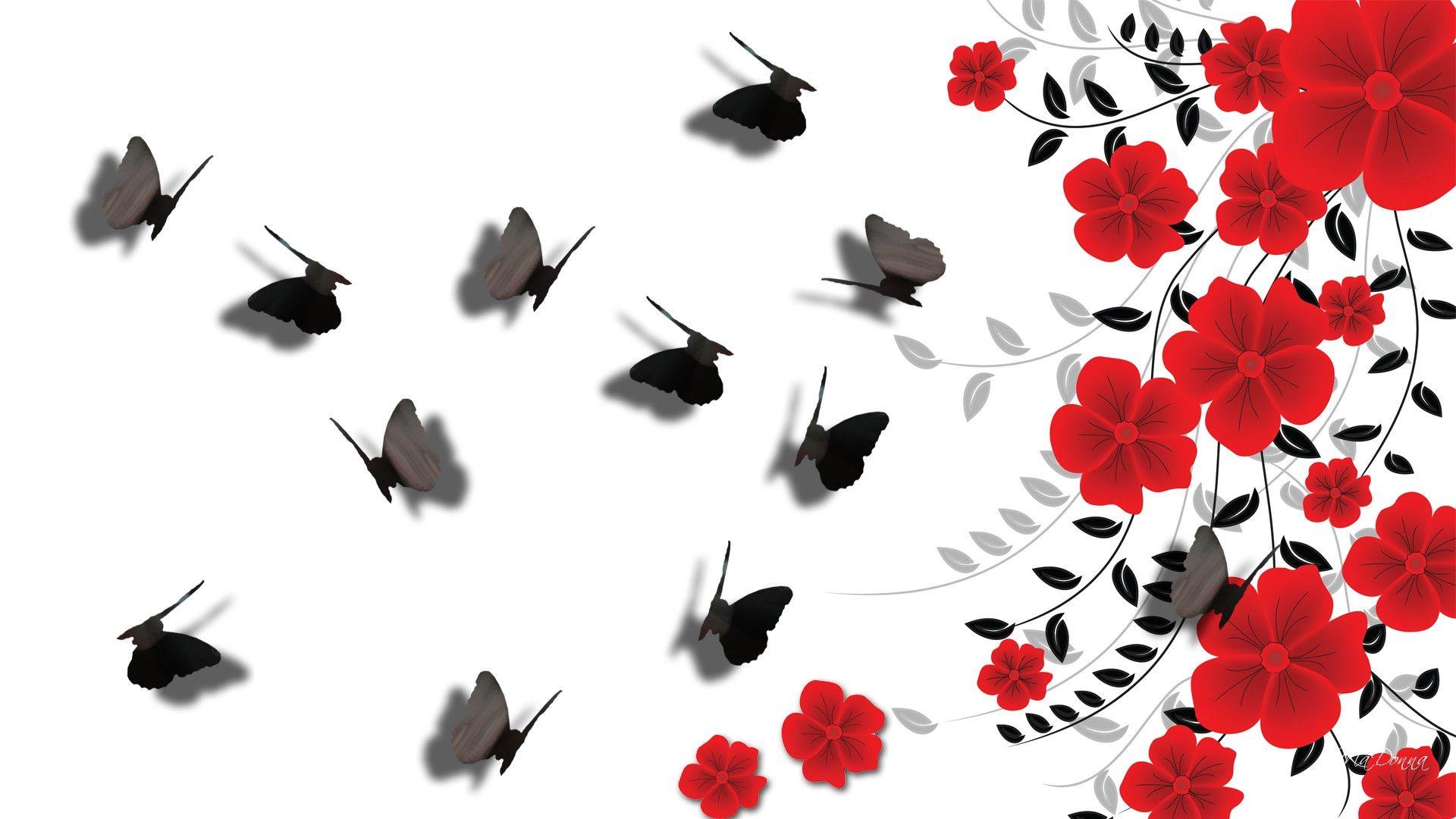 Butterfly Red Flower Wallpaper