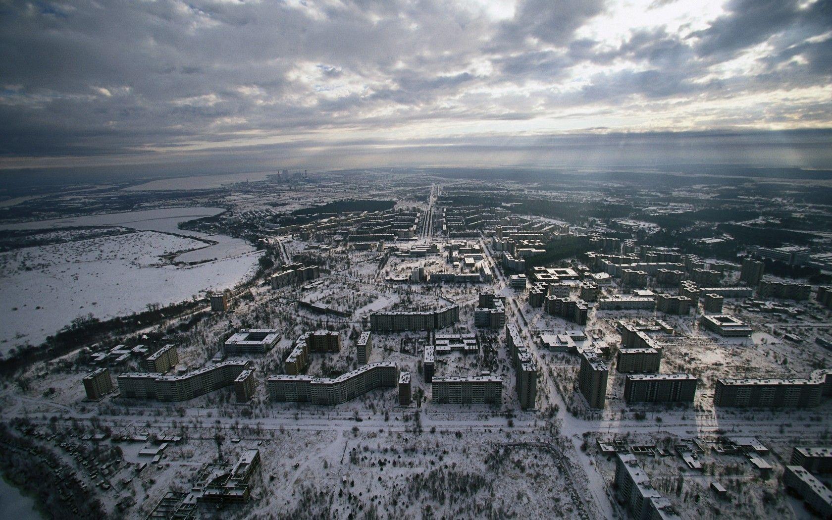 Chernobyl Pripyat Aerial Clouds Snow Winter Buildings Abandon