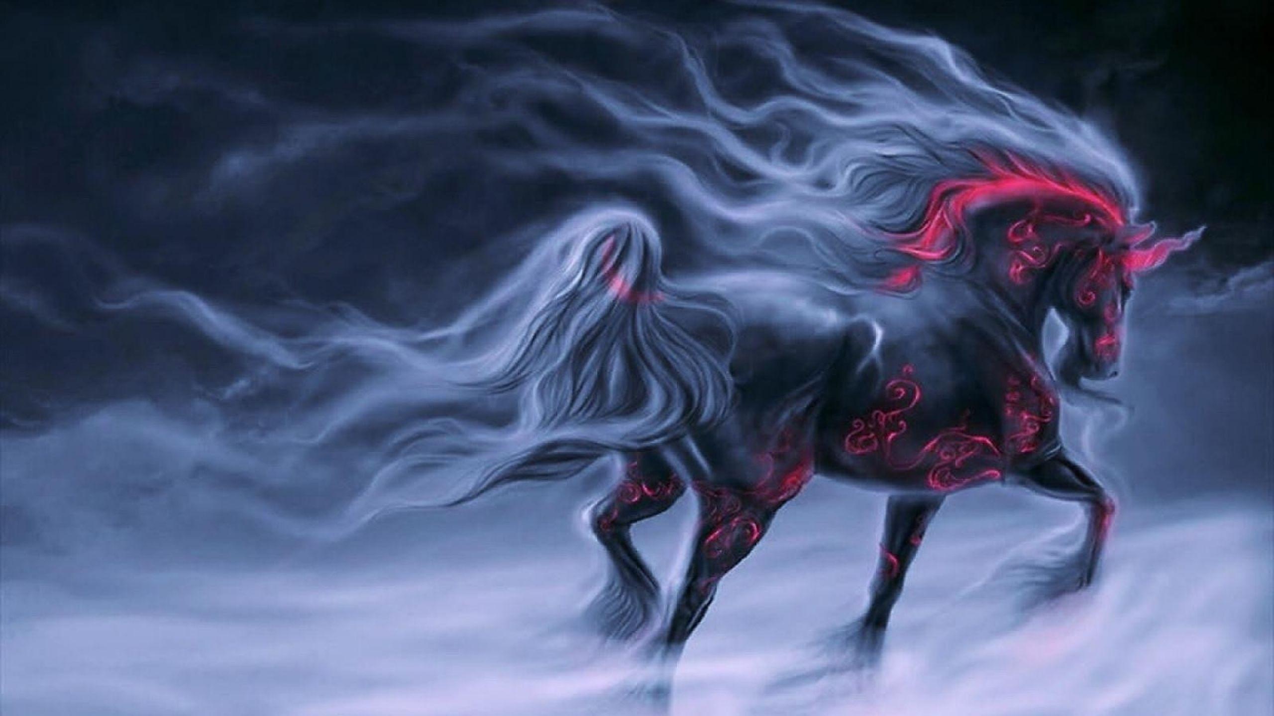 Fantasy Black Horse Unicorn Artwork Wallpaper