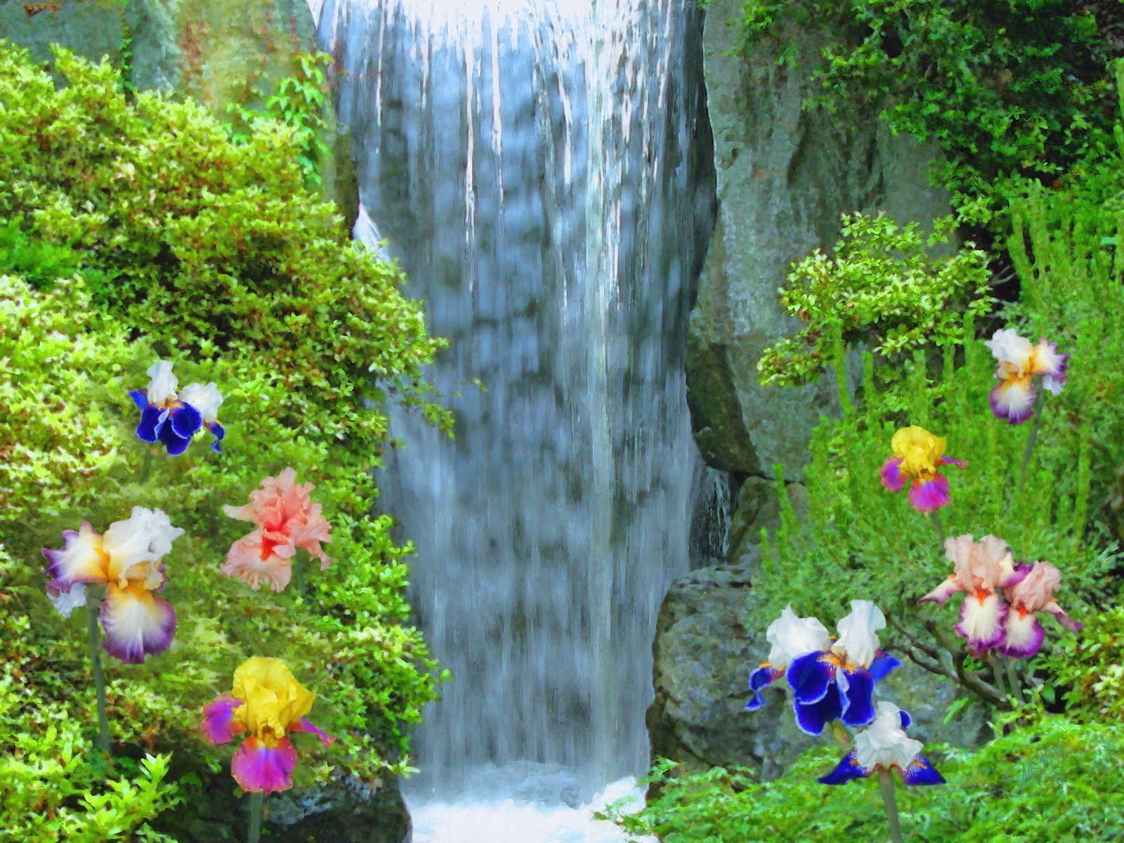 Waterfall And Flowers Wallpaper Desktop Background