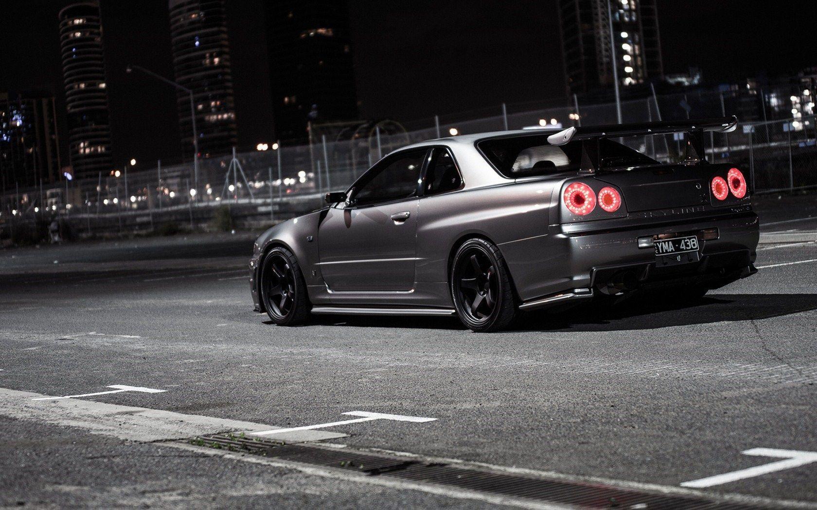 Grey Nissan Skyline R34 Street Night Greyscale HD Wallpaper