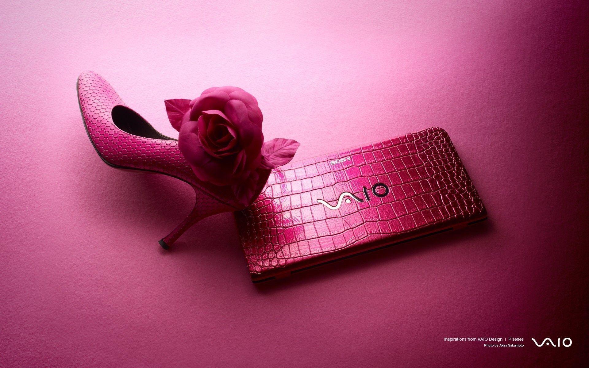 Vaio Wallpaper, laptop, shoes, pink background