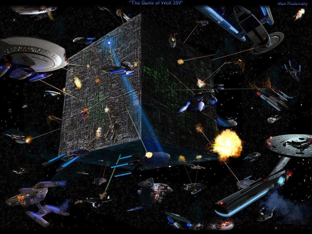 Battle at Wolf invasion of Borg cube Star Trek