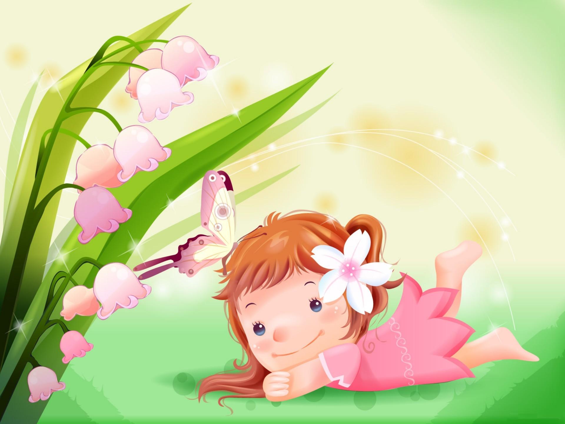 Cute Cartoon Girl with Flower HD Wallpaper Desktop Background Free