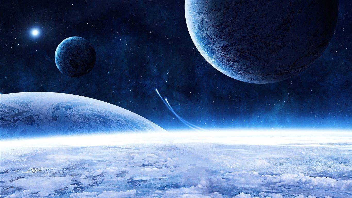 Space ship and blue planet Wallpaperx768 resolution