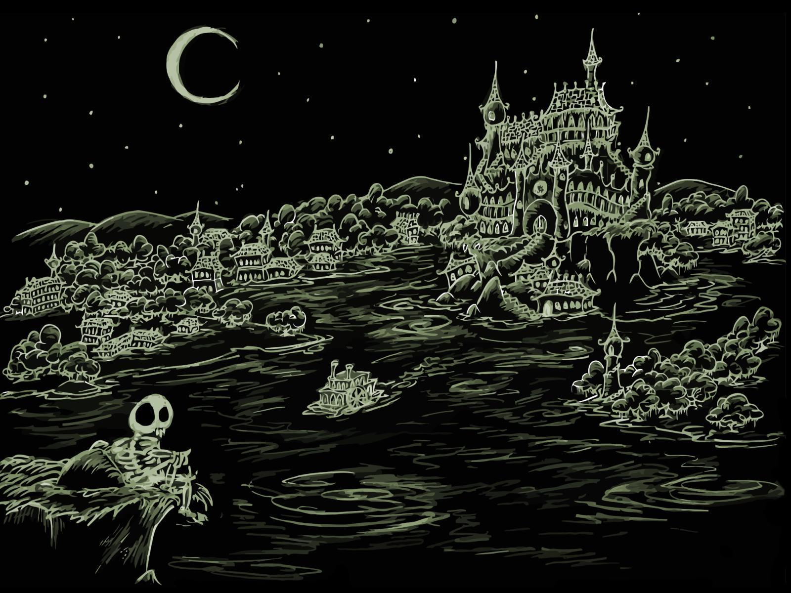 screen background: a skeleton looking over a haunted bay. bluebison