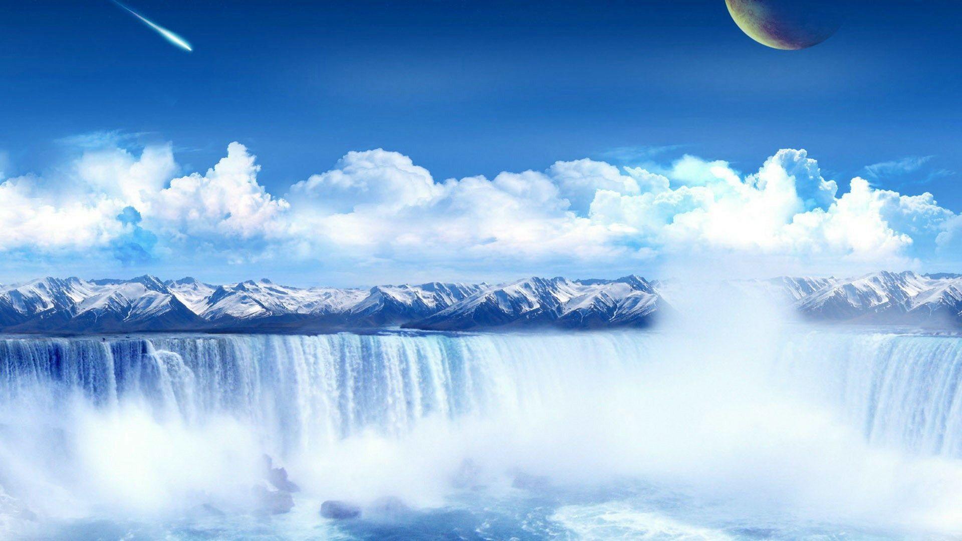 Hd 1920x1080 Cool Waterfall And Planet Desktop Wallpaper Background
